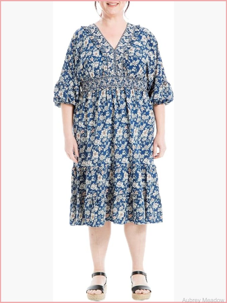 3/4 Sleeve V Neck Tiered Midi Dress With Floral Print